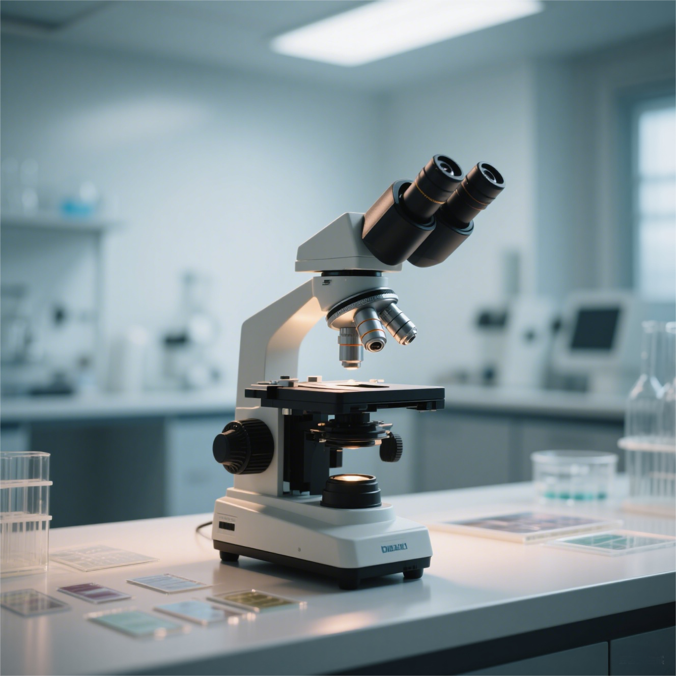 Микроскоп на лабораторном столе со слайдами